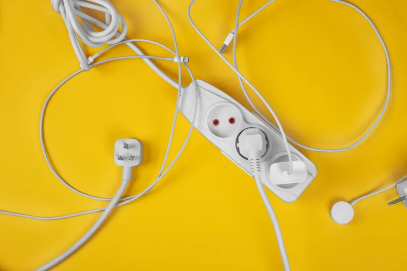 stylish white extension with sockets on yellow background electrical power white strip or extension block many wires and sockets high-tech smart strip close up