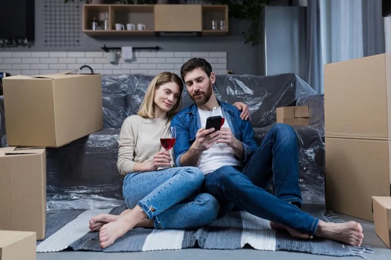 a married couple in love, a man and a woman celebrate a housewarming party, drink wine from cardboard boxes and choose new furniture and household appliances in the online store, use the phone