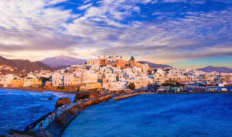 panoramic view of naxos island over sunset,cyclades,greece