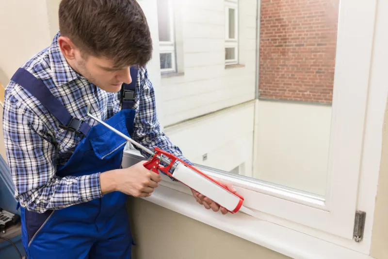 side view of a young male worker applying glue with silicone gun