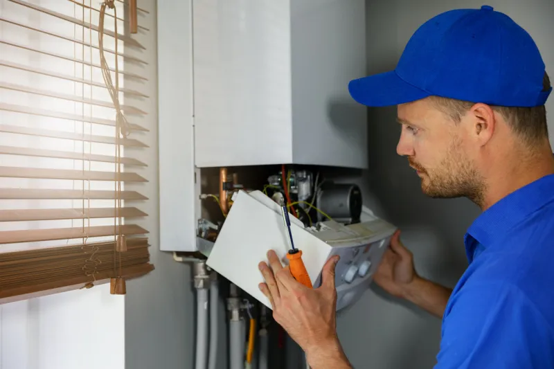 maintenance and repair service engineer working with house gas heating boiler