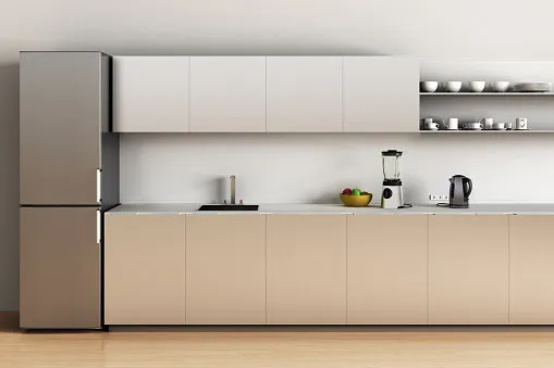 steel office kitchen with wooden floor and refrigerator, sink, apples, blender, kettle 3d render