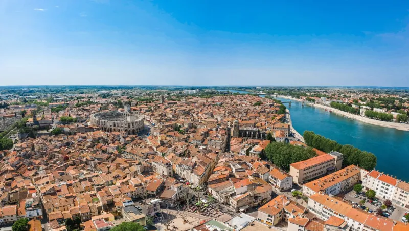 panorama of ancient town arles in provence and cote d'azur, france, south europe famous tourist destination with old roman artena