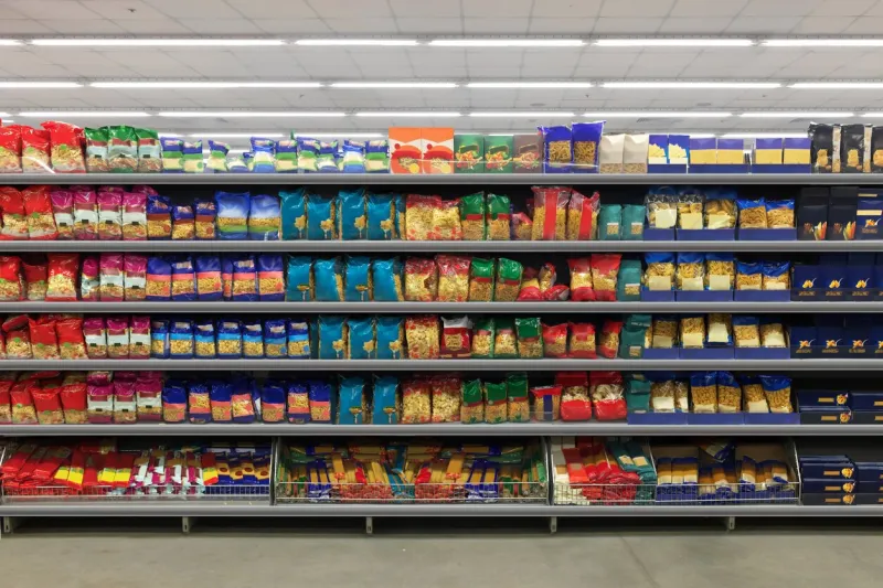 pasta packaging in a supermarket on a shelf suitable for presenting new product plans and new packaging among many others