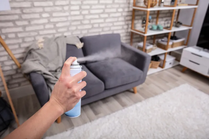 close-up of a human's hand spraying air freshener in living room