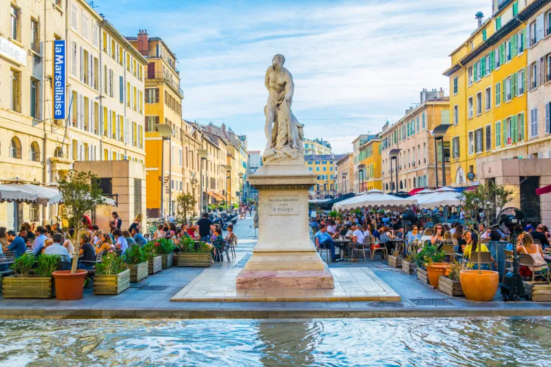 marseille, france, june 9, 2017  square full of restaurants at port vieux part of marseille, france