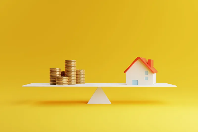 house and coin on balancing scale on yellow background real estate business mortgage investment and financial loan concept money saving and cashflow theme 3d illustration rendering graphic design