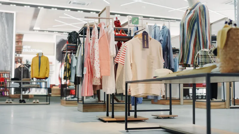 shopping clothing store interior modern fashionable shop, clothes for every taste stylish brand design, fashionable colors, quality sustainable materials no people