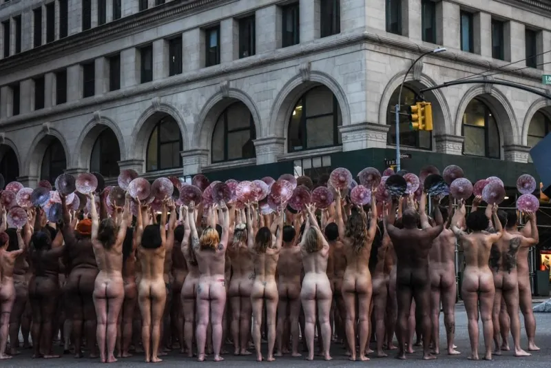 photographer spencer tunick stages one of his large scale group nude shoots in new york city