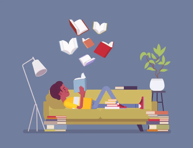 male book reader young boy reads for pleasure lying on sofa, enjoys free time around literary pages of stories, novels, open volumes floating above, home interior or library room vector illustration