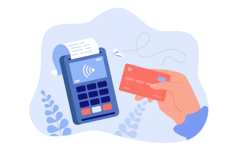 hand holding debit or credit card for payment flat vector illustration cartoon unrecognizable buyer paying on contactless terminal digital transaction and wireless transfer concept