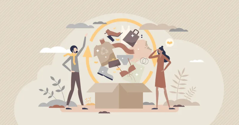 second hand clothes purchase for textile product reusage tiny person concept reduce fast fashion and buy vintage old outfit to save environment vector illustration zero waste cycle with donation