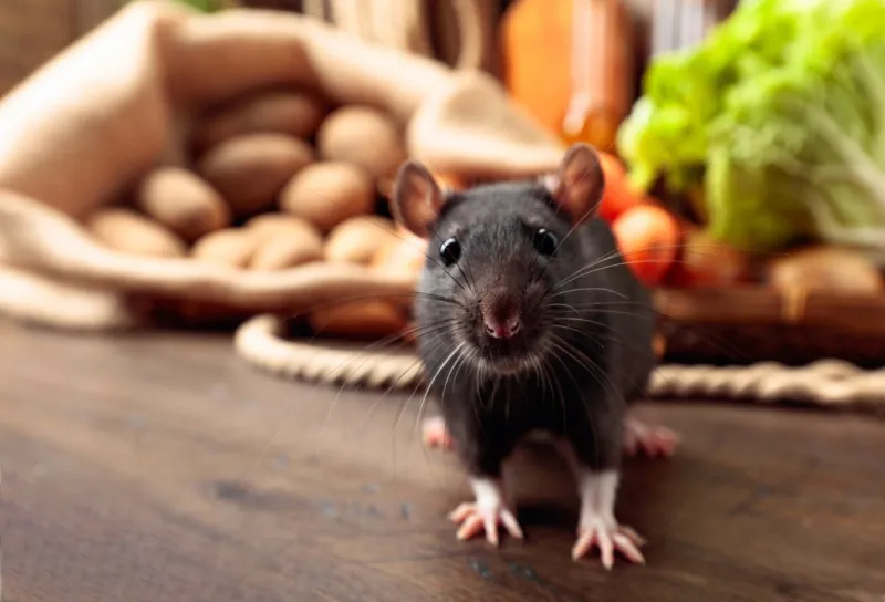rat on a old wooden table with vegetables and kitchen utensils