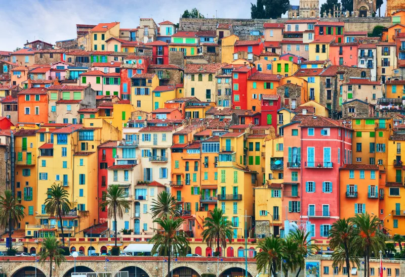 colorful houses in old part of menton, french riviera, france
