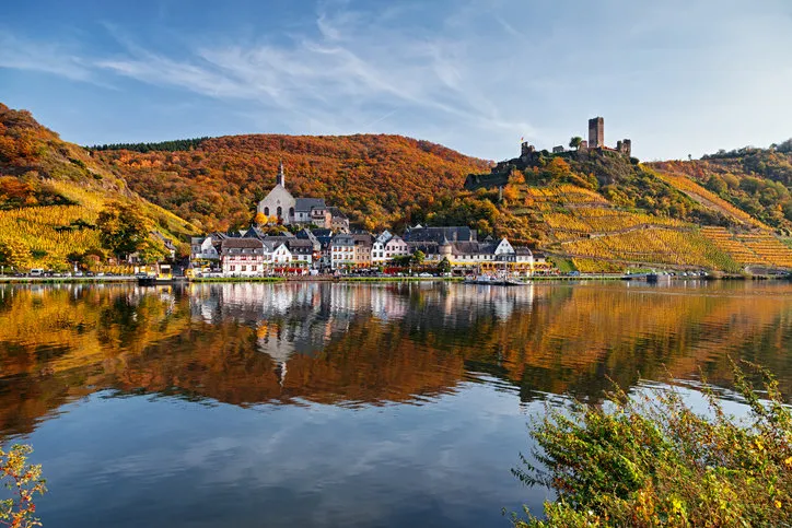 beilstein resort town and vineyards in mosel wine valley at autumn