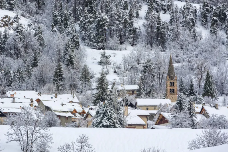 village of la-salle-les-alpes with fresh snow in winter serre chevalier valley, hautes-alpes (05), alps, france