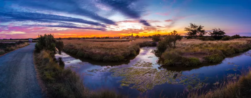 panoramic view of the salt marshland at sunrise, olonne area, vendee, france