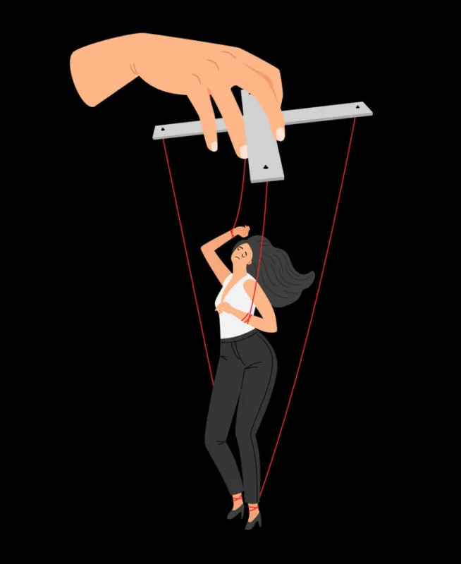 woman marionette female puppet for abuse control toxic relationship manipulation concepts and girl power agitation, women employee manipulating moving behavior vector illustration on black