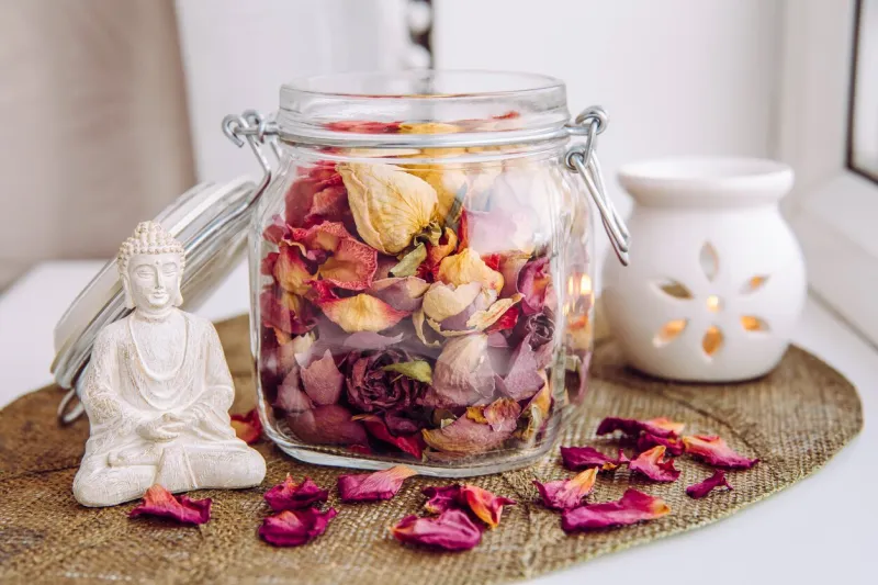 using dry rose petals to make rose potpourri which is great for home scent mason jar filled with dry rose petals and puds with meditating buddha figurine and aroma lamp with candle next to it