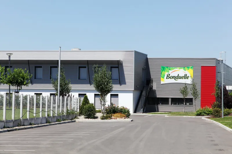 saint priest, france - june 18, 2017  bonduelle building and factory bonduelle is a french company producing processed vegetables