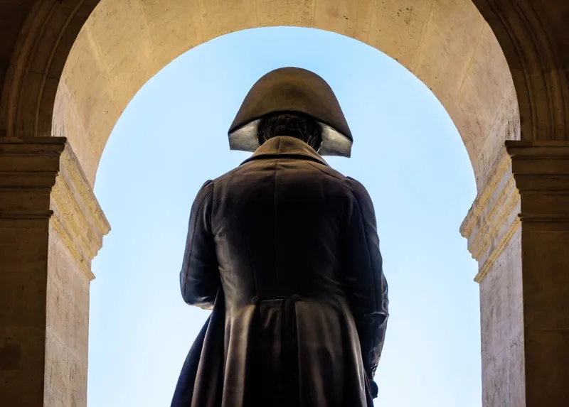 rear view of the statue of napoleon bonaparte by french sculptor charles emile seurre on the balcony of the court of honor of the hotel des invalides in paris, france