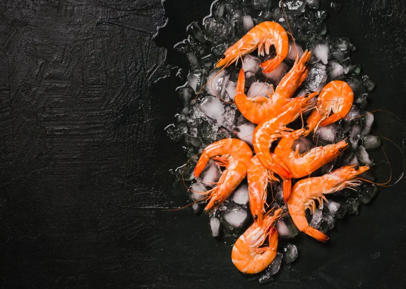 shrimps cooked on dark background copy space