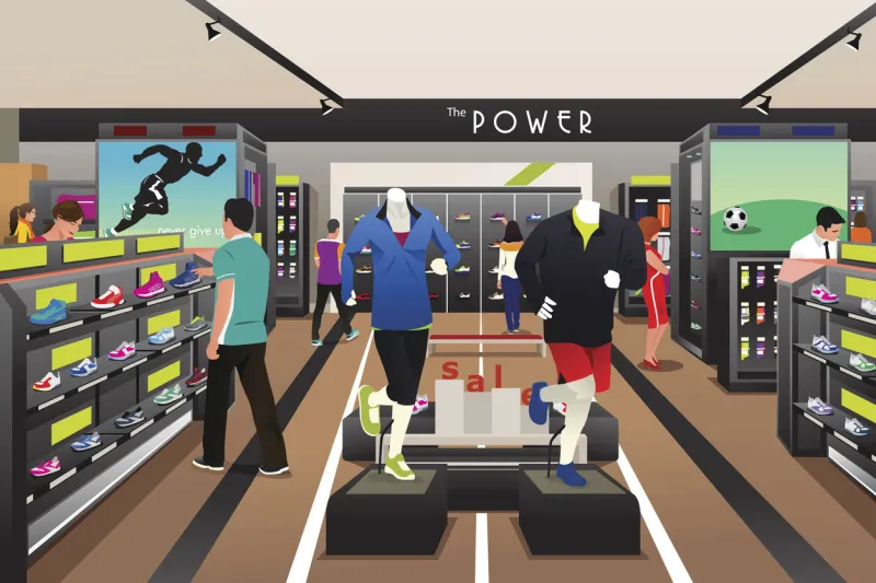a vector illustration of people shopping for shoes in a sporting store
