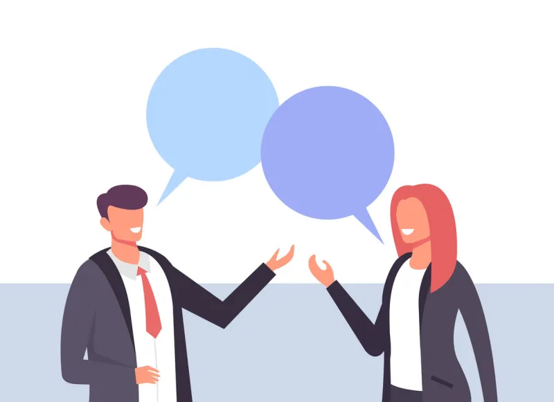 two business people office workers man woman characters talking business life concept vector design graphic flat cartoon isolated illustration