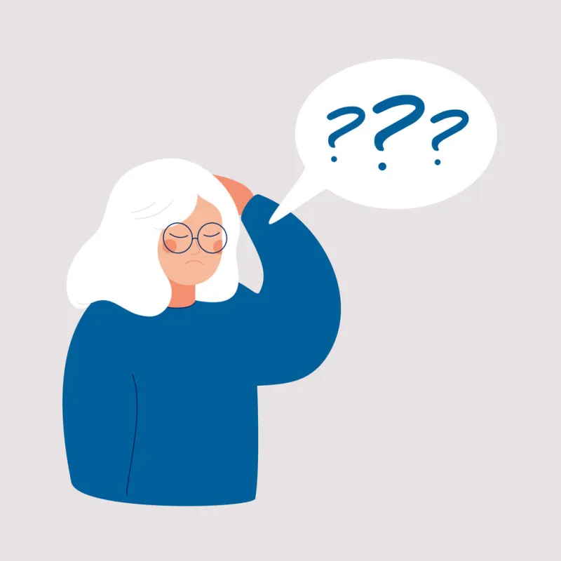 older woman has alzheimer’s disease and a question above her in the speech bubble loss of short-term memory, difficulty concentrating, problems planning and pondering things are symptoms of dementia