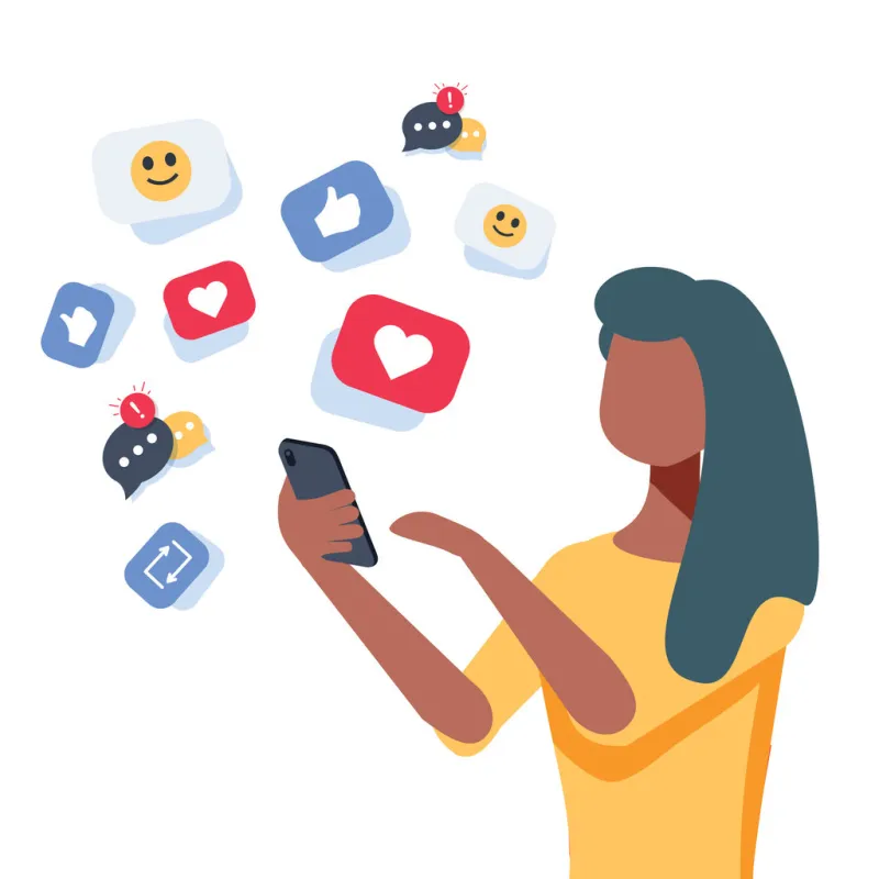 young african-american woman using a smartphone with many social media heart like icons woman getting likes in social network vector cartoon illustration isolated on white background square layout