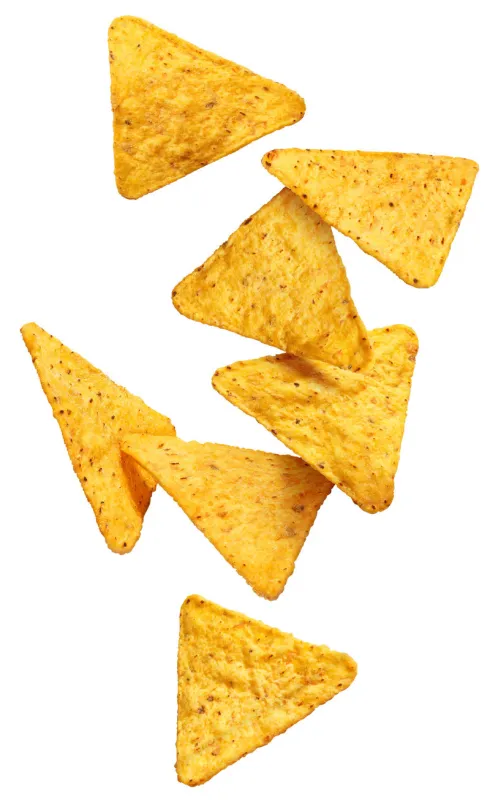 flying mexican nachos chips, isolated on white background