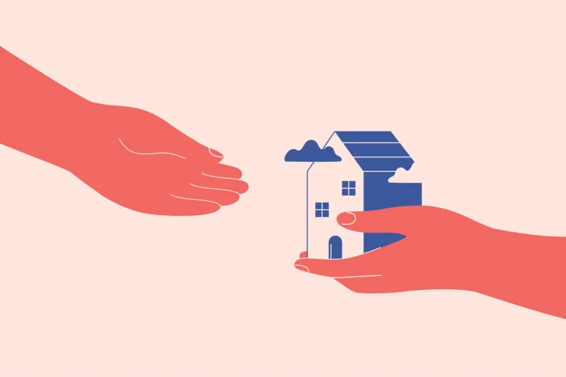 one hand gives to another hand small house provision of help and shelter to person in need concept of the safe place acquisition of ownership or rental of property vector concept