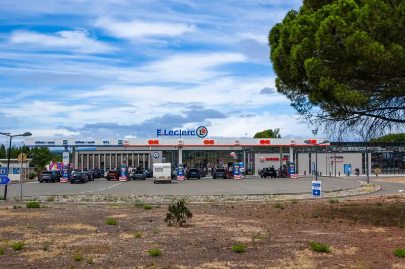 vinassan, france - july 31, 2023  leclerc service area aire de narbonne vinassan along the a9 highway in france