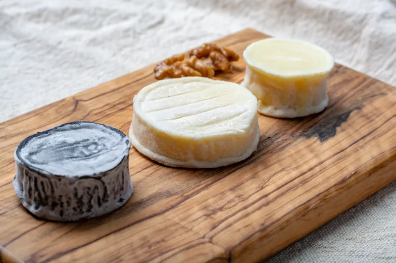 assortment of french soft goat cheeses, chevre cendre, cabecou du perigord and chevre de dordogne served on olive tree board close up
