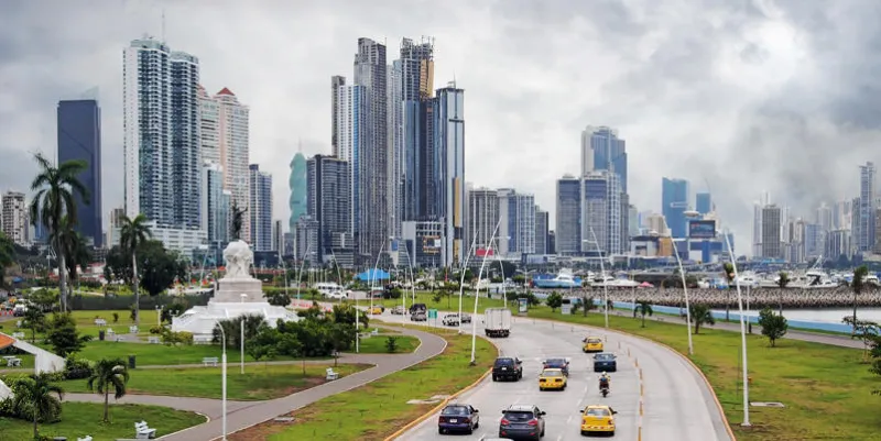 highway and skyscraper buildings of business center in panama city with cloudy sky, panama, central america