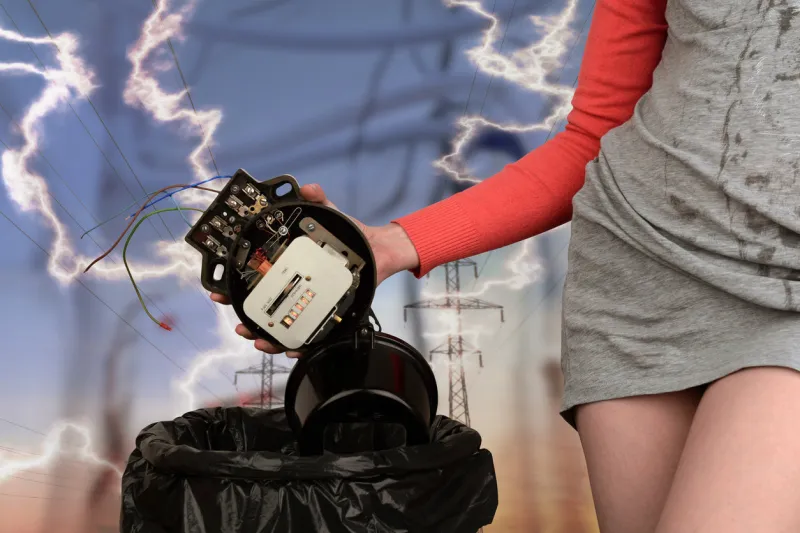 girl throws an old electric meter into the bin concept replacing a device with a new one