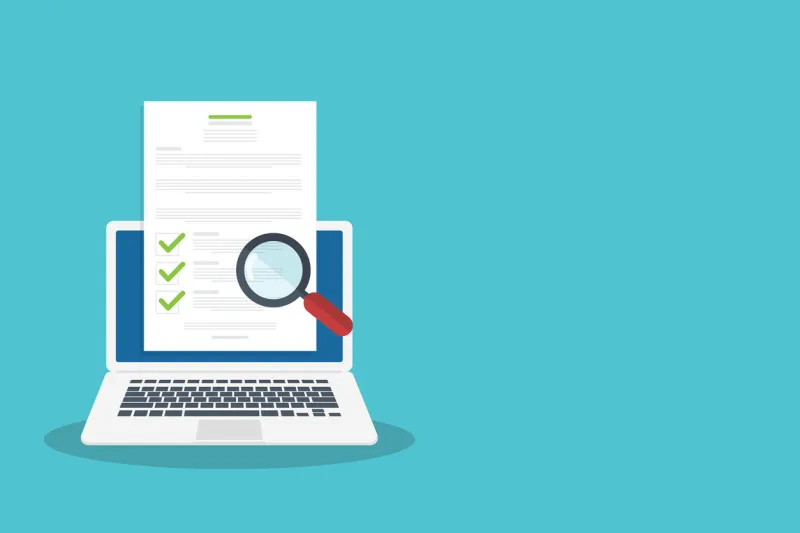 online digital document inspection or assessment evaluation on laptop computer, contract review, analysis, inspection of agreement contract, compliance verification vector illustration