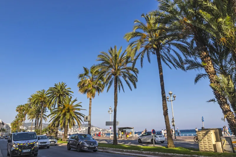 nice, france - june 25, 2016  the promenade des anglais, is a promenade along the mediterranean at city of nice, french riviera extends from the airport to the quai des etats-unis (united states quay)