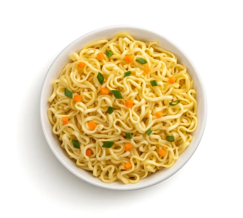 instant noodles with vegetables and herbs in bowl isolated on white background, top view