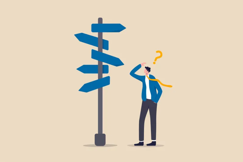 business decision making, career path, work direction or leadership to choose the right way to success concept, confusing businessman manager looking at multiple road sign and thinking which way to go