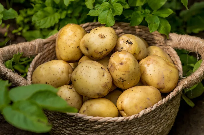 the concept of growing food fresh organic new potatoes in a farmer's field a rich harvest of tubers in a wicker basket