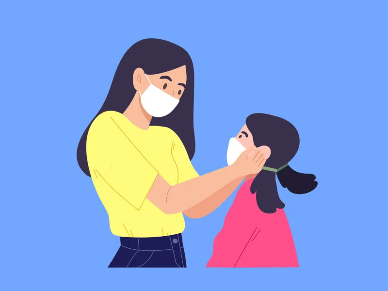 flat vector illustration character health care during virus epidemic kid's respiratory protection child care