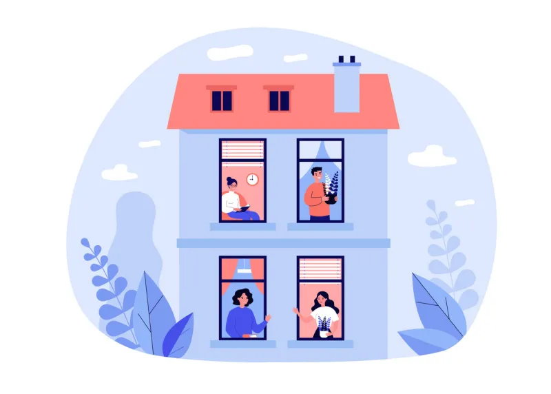people staying at home under quarantine neighbors talking to each other through open windows vector illustration for communication, lockdown, neighborhood concept