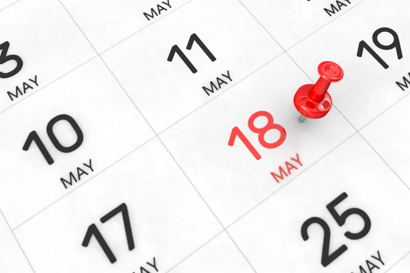 3d rendering of important days concept may 18th day 18 of month red date written and pinned on a calendar spring month, day of the year remind you an important event or possibility