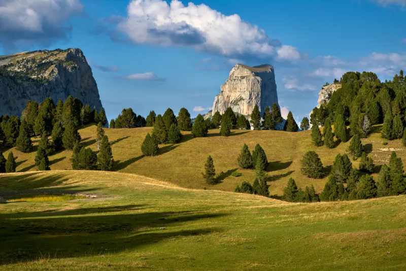 mont aiguille and the vercors high plateaus in summer vercors regional natural park, isere, rhone-alpes, alps, france