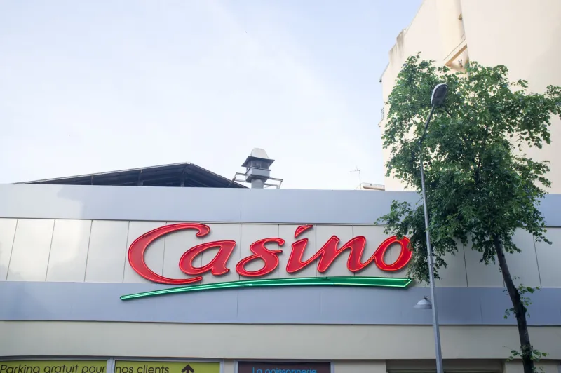 nice, france-june 04,2018 sign at a casino store, france casino is the biggest retail store in france
