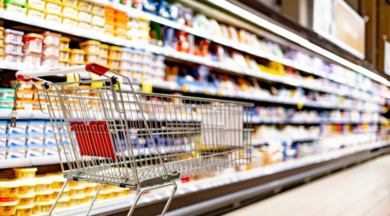 a shopping cart by a store shelf in a supermarket