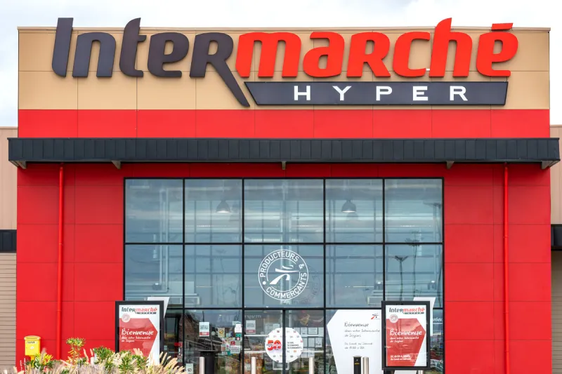 soyons, france - october 17, 2019 logo and building of french retailer intermarché hyper is seen in soyons