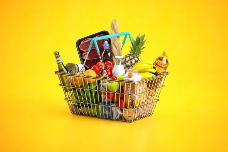 shopping basket full of variety of grocery products, food and drink on yellow background 3d illustration