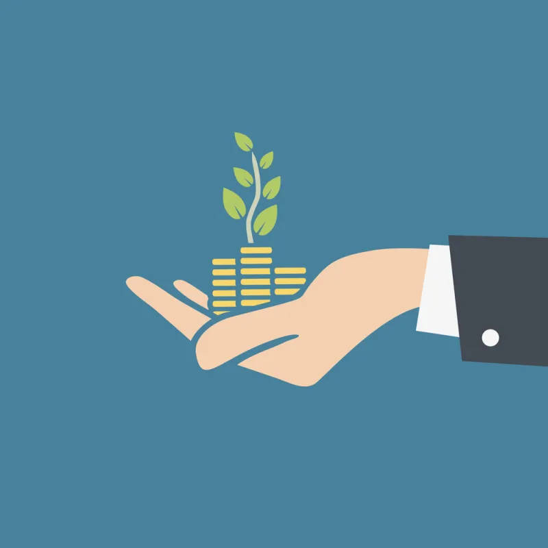 vector illustration of human hand holding stacks of coins and growth plant transparent background, ready to use